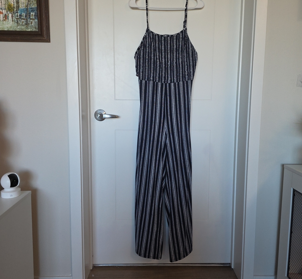 No Boundaries Black and White Striped Spaghetti-Strap Jumpsuit
